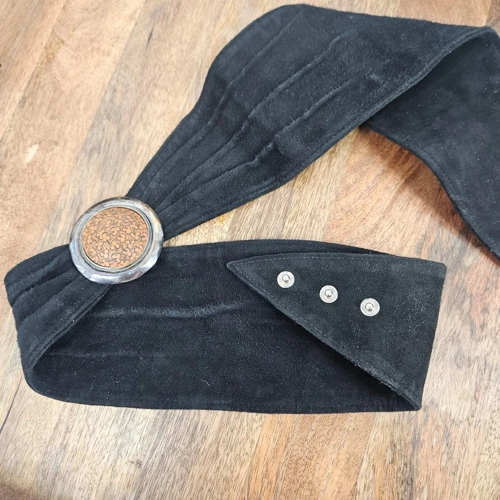 Vintage 80s Concho Suede Sterling Silver 925 Leather Medallion Belt Black Brown